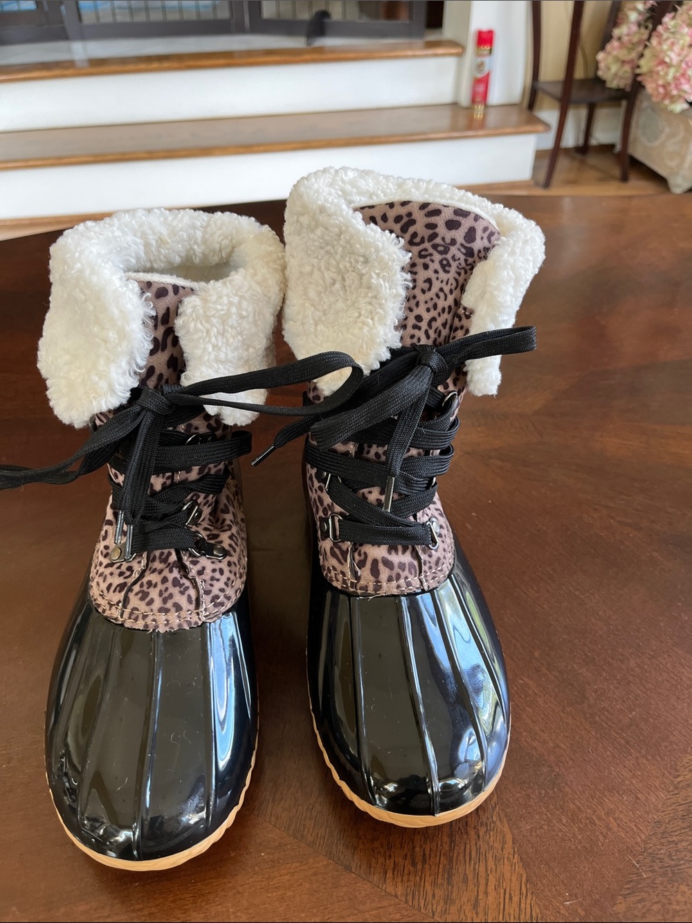 Dolce Vita Leopard Print Faux Fur Rain Boots - Black and Brown
